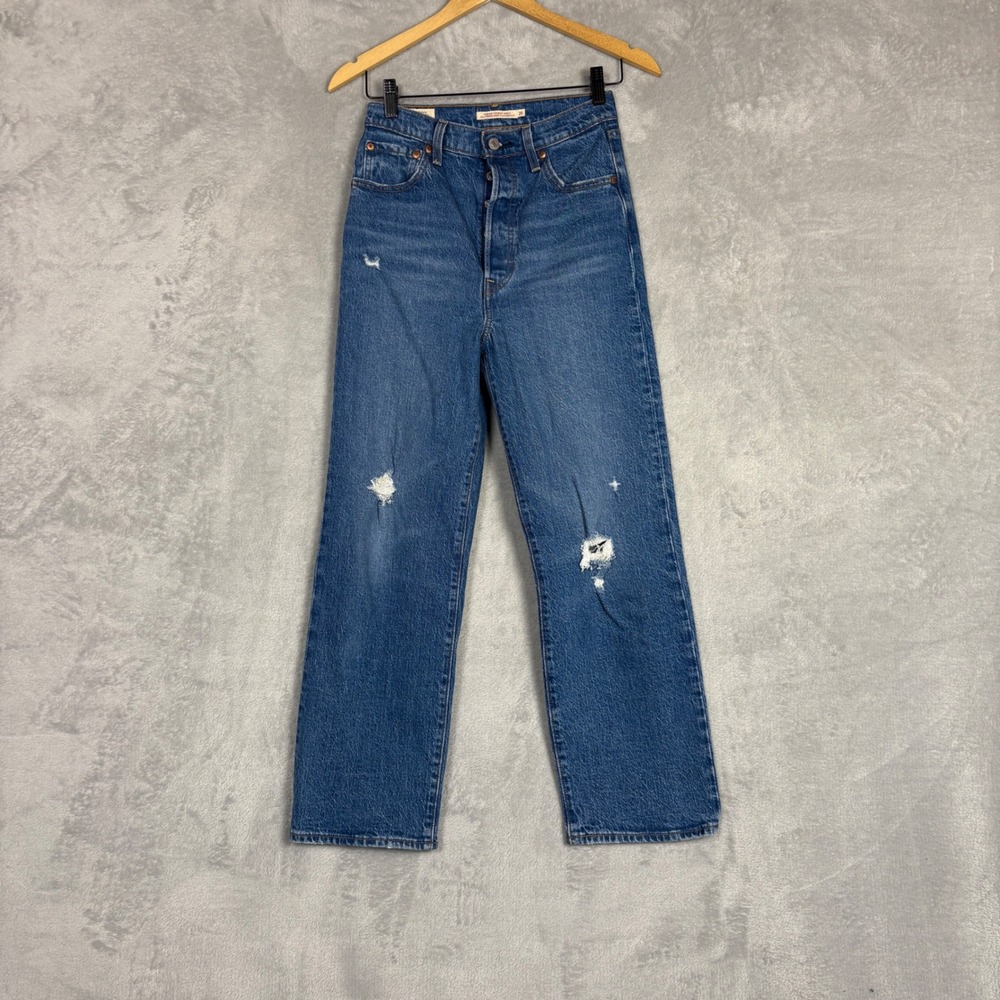 Levis Ribcage Straight Ankle Jeans Medium Wash Distressed High Rise Size 26